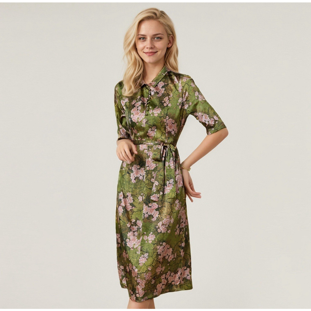 Green Silk Midi Dress Collared Office Elegance Style Real Silk Life Size M-L